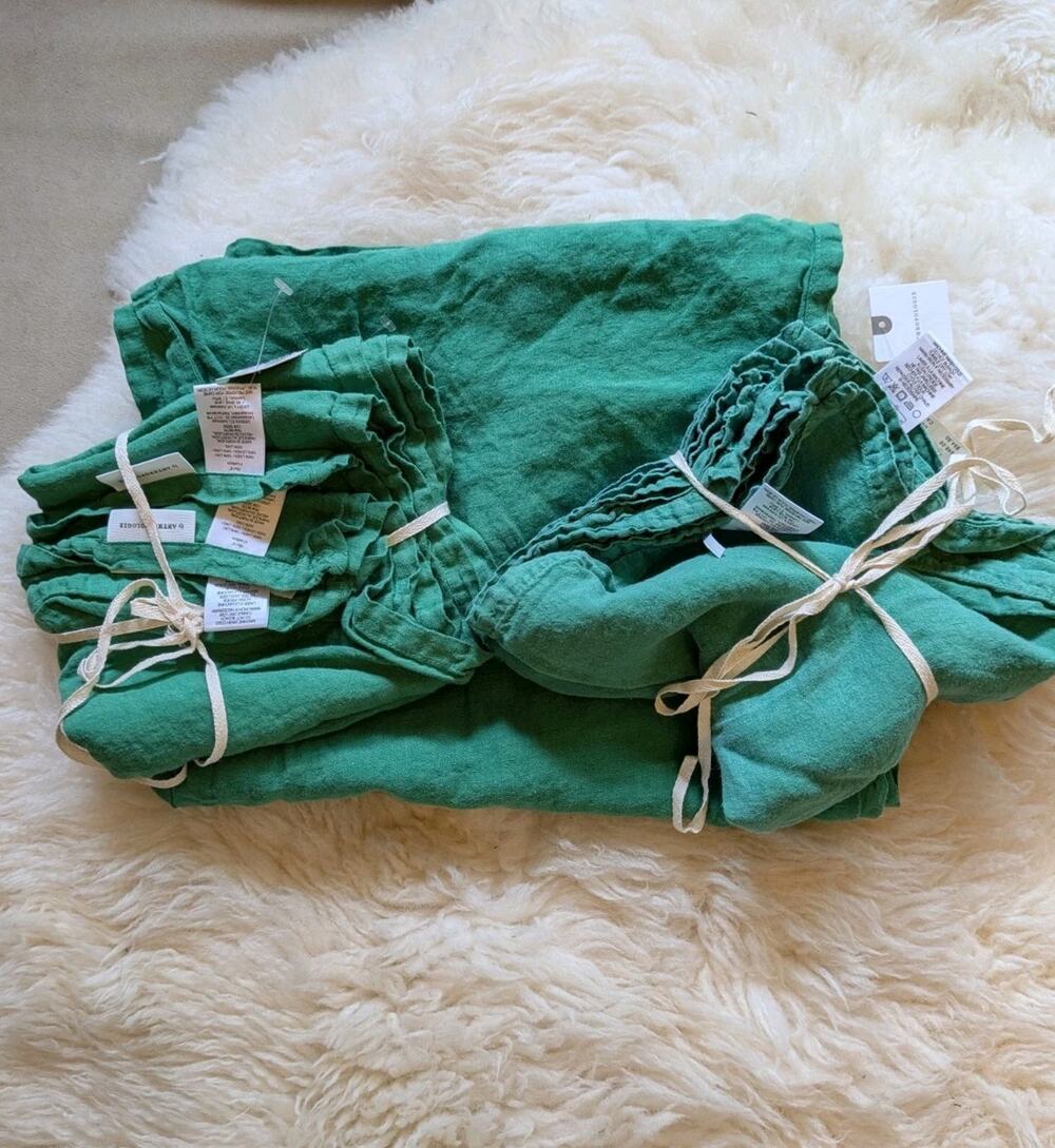 Anthropologie 100% Linen Table Runner & Napkins Set 8 Napkins + 1 Runner Kelly